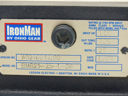 Leeson IronMan BM821-25-L-56 Worm Gearbox 25:1 Reducer 1Hp 70rpm 56C LH