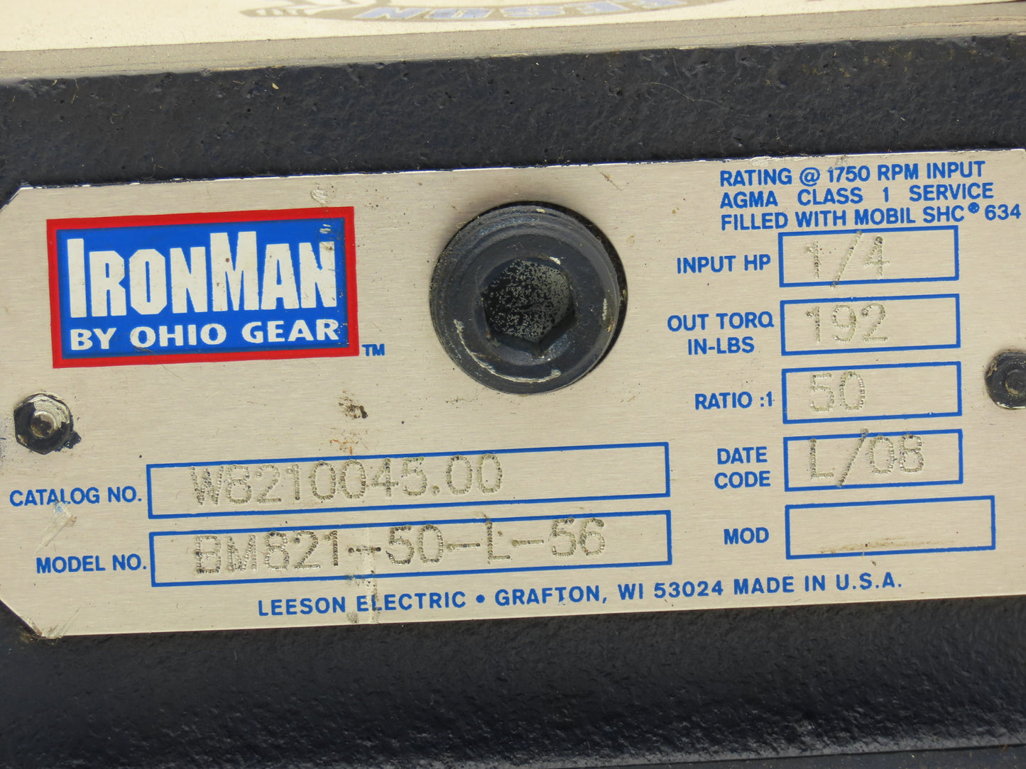 Leeson IronMan BM821-50-L-56 Worm Gearbox 50:1 Reducer 1/4Hp 35rpm 56C LH