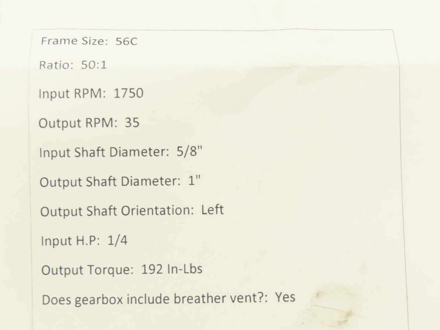 Leeson IronMan BM821-50-L-56 Worm Gearbox 50:1 Reducer 1/4Hp 35rpm 56C LH