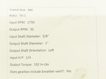 Leeson IronMan BM821-50-L-56 Worm Gearbox 50:1 Reducer 1/4Hp 35rpm 56C LH