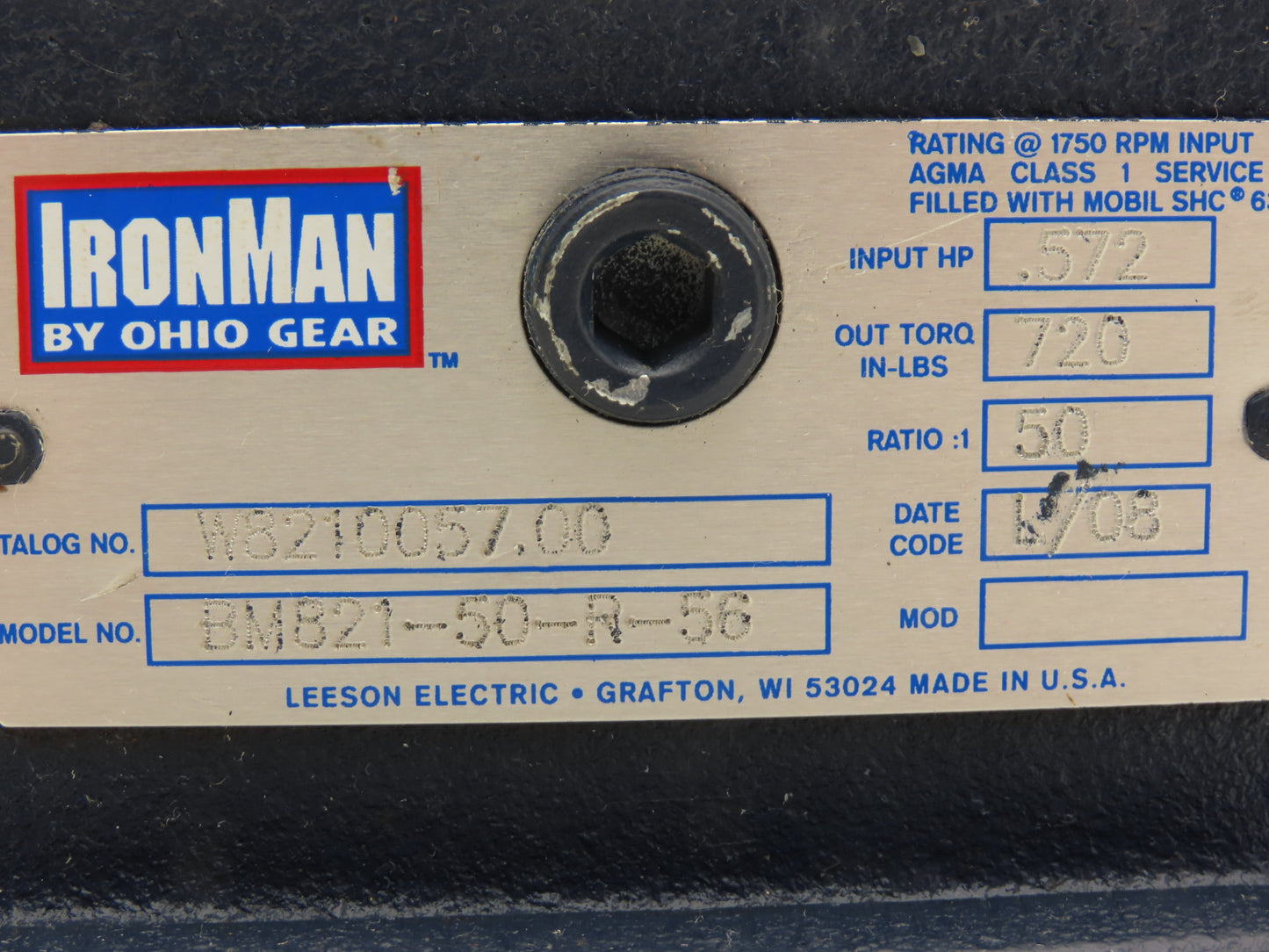 Leeson IronMan BM821-50-R-56 Worm Gearbox 50:1 Reducer 1/2Hp 35rpm 56C RH