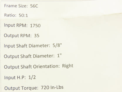 Leeson IronMan BM821-50-R-56 Worm Gearbox 50:1 Reducer 1/2Hp 35rpm 56C RH