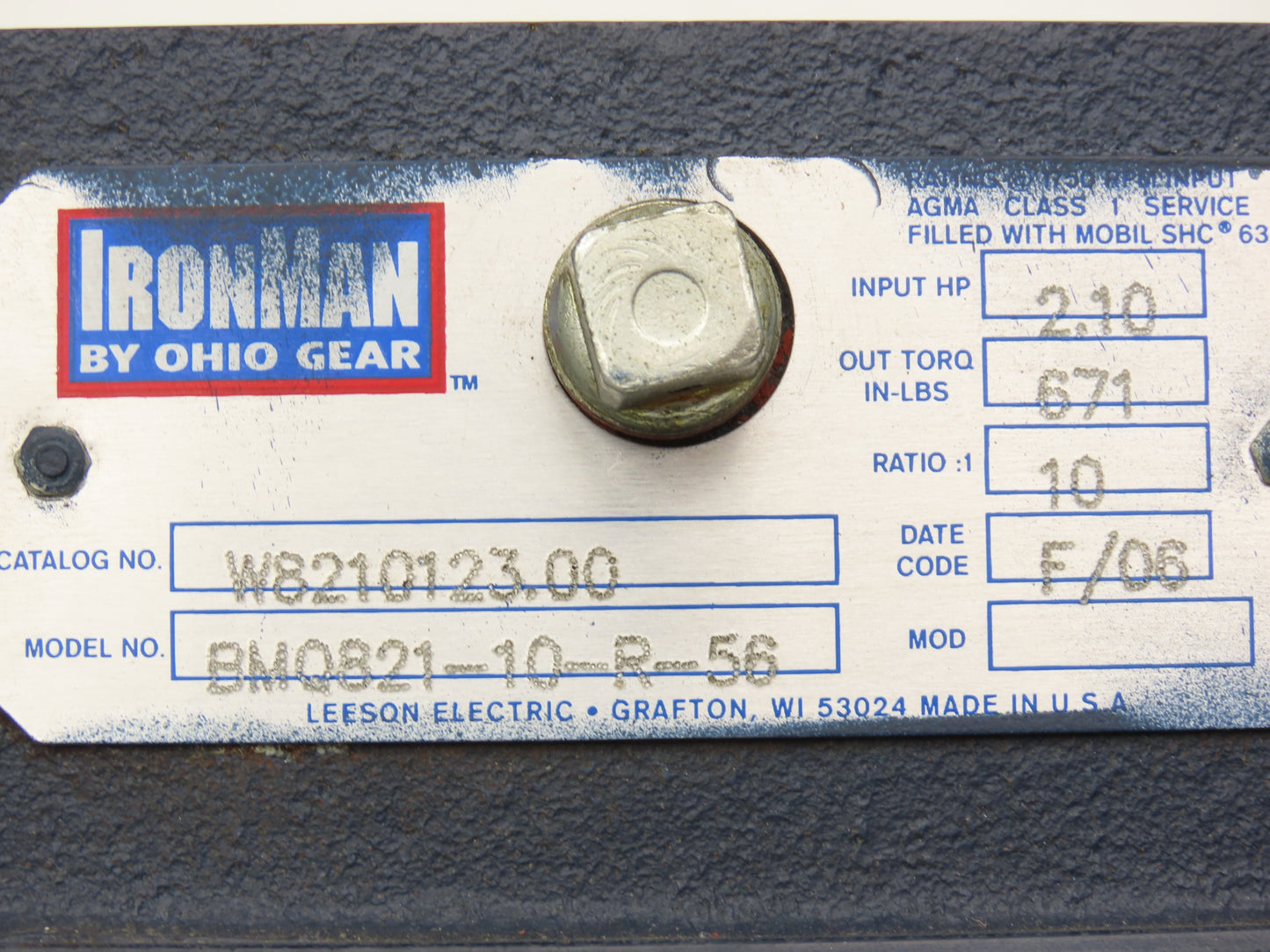 Leeson IronMan BMQ821-10-R-56 Gearmotor 10:1 Reducer .5Hp 172rpm 230/460V 56C RH