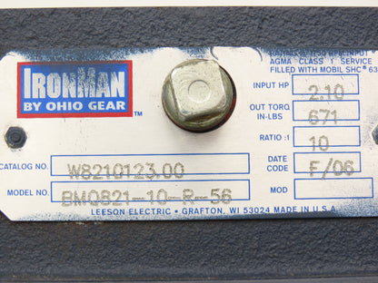 Leeson IronMan BMQ821-10-R-56 Gearmotor 10:1 Reducer .5Hp 172rpm 230/460V 56C RH