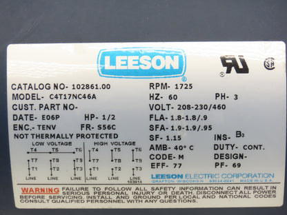 Leeson IronMan BMQ821-10-R-56 Gearmotor 10:1 Reducer .5Hp 172rpm 230/460V 56C RH