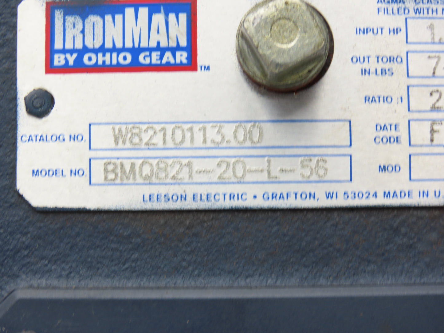 Leeson IronMan BMQ821-20-L-56 Gearmotor 20:1 Reducer .5Hp 86rpm 230/460V 56C LH