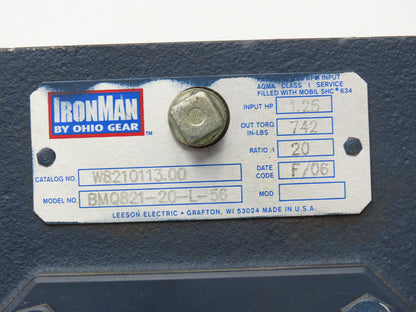 Leeson IronMan BMQ821-20-L-56 Gearmotor 20:1 Reducer .5Hp 86rpm 230/460V 56C LH