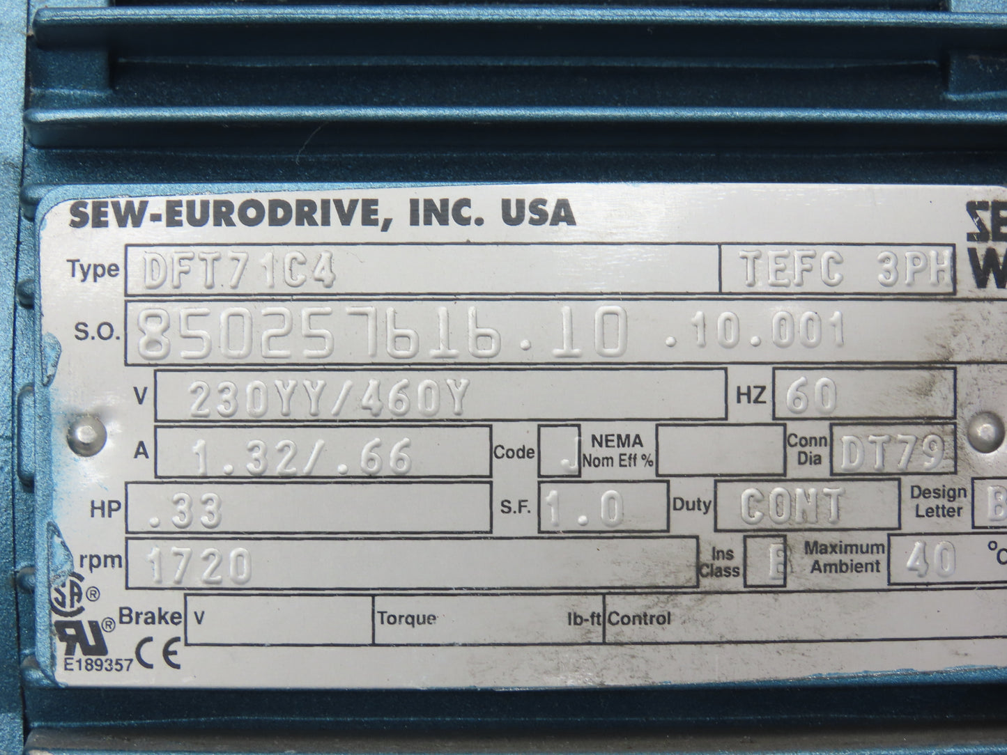 Sew Eurodrive R37DT71C4 Gearmotor 134.82 Ratio .33Hp 13rpm 230/460V 3PH DFT71C4