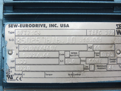Sew Eurodrive R37DT71C4 Gearmotor 134.82 Ratio .33Hp 13rpm 230/460V 3PH DFT71C4