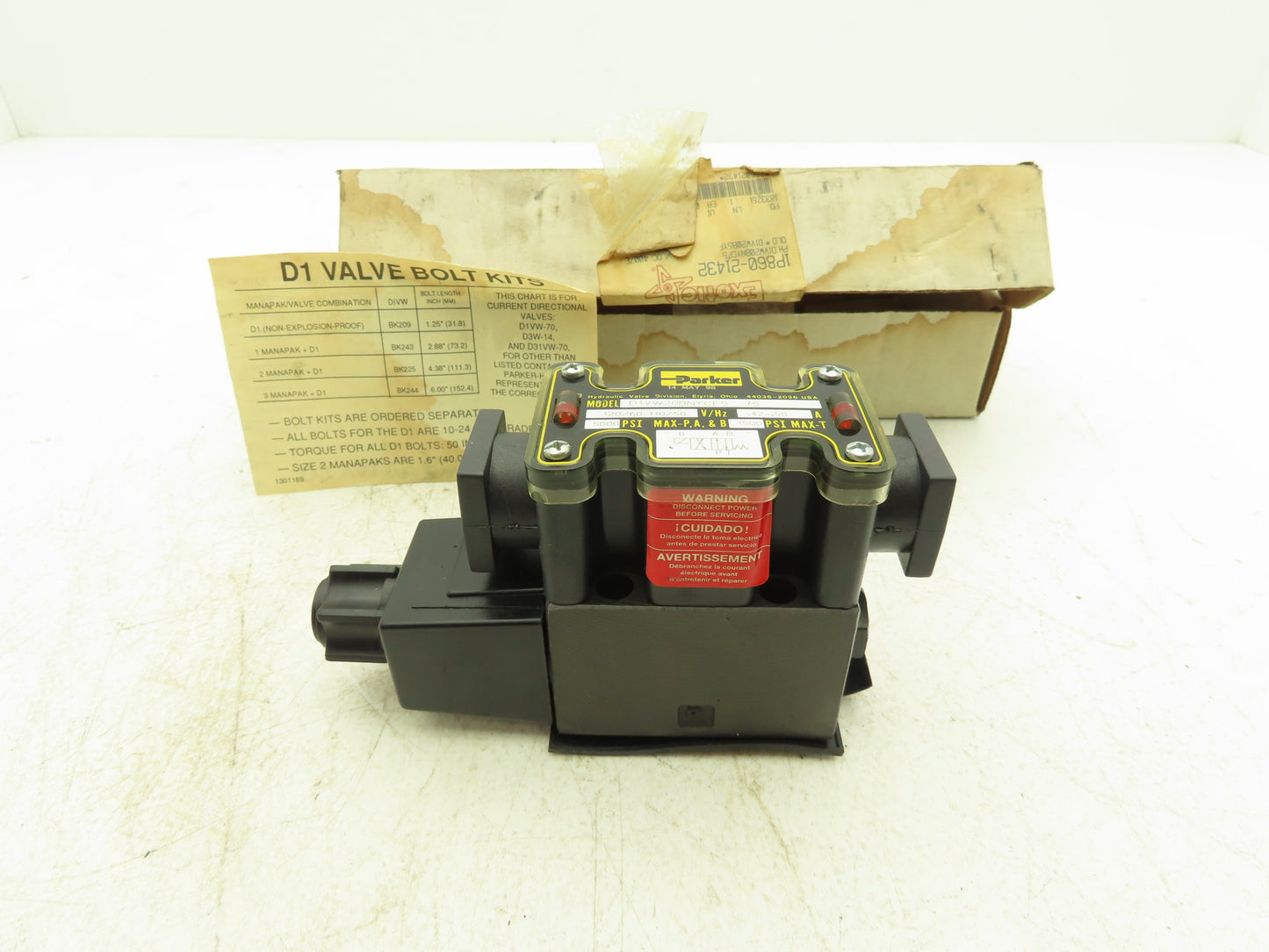 Parker D1VW20BNYCF5-75 Hydraulic Solenoid Valve 2-Position 120VAC .5A 5000 psi