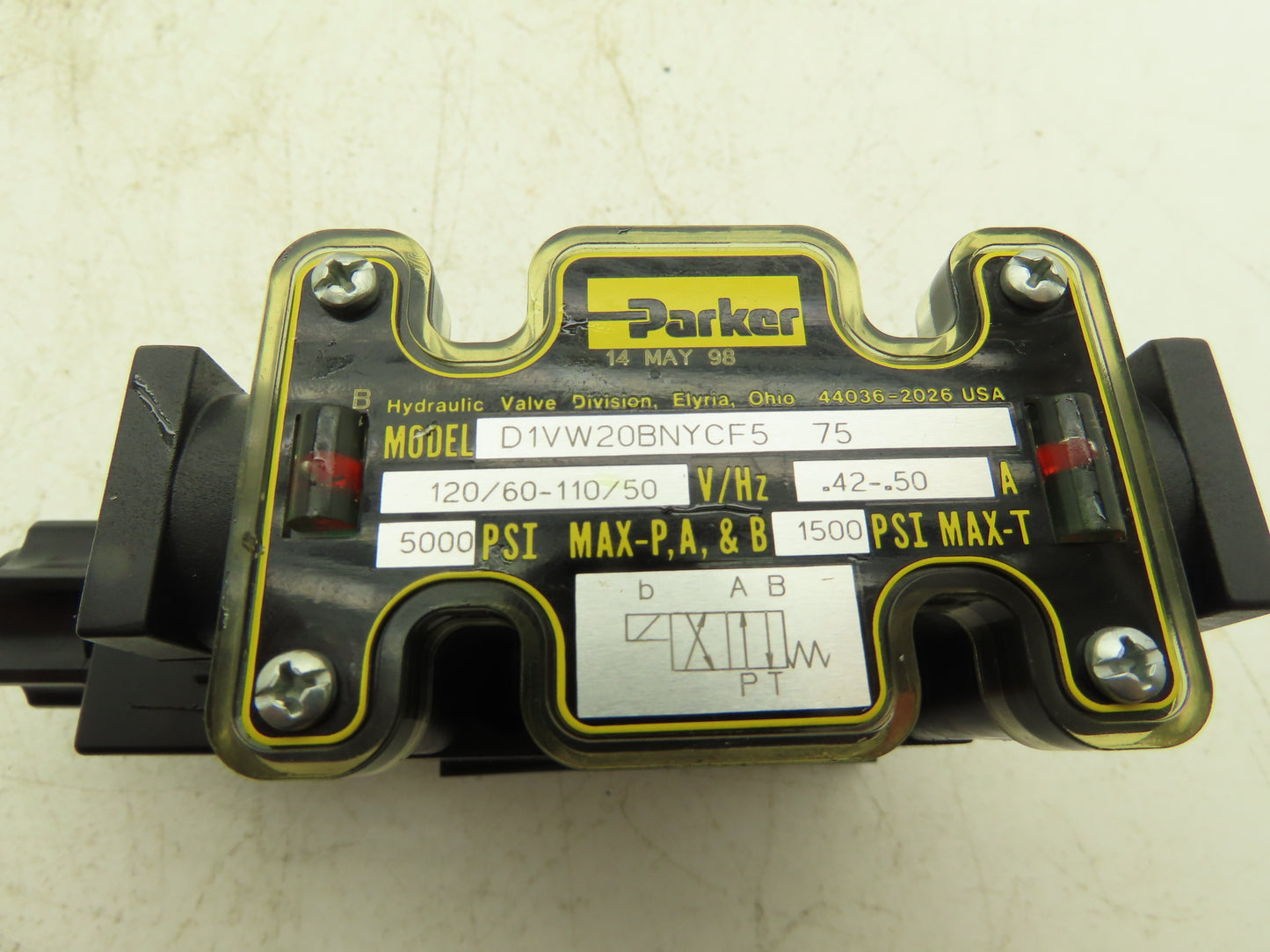 Parker D1VW20BNYCF5-75 Hydraulic Solenoid Valve 2-Position 120VAC .5A 5000 psi