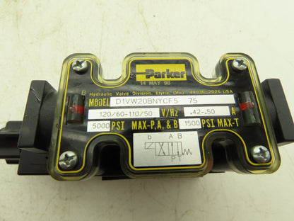 Parker D1VW20BNYCF5-75 Hydraulic Solenoid Valve 2-Position 120VAC .5A 5000 psi