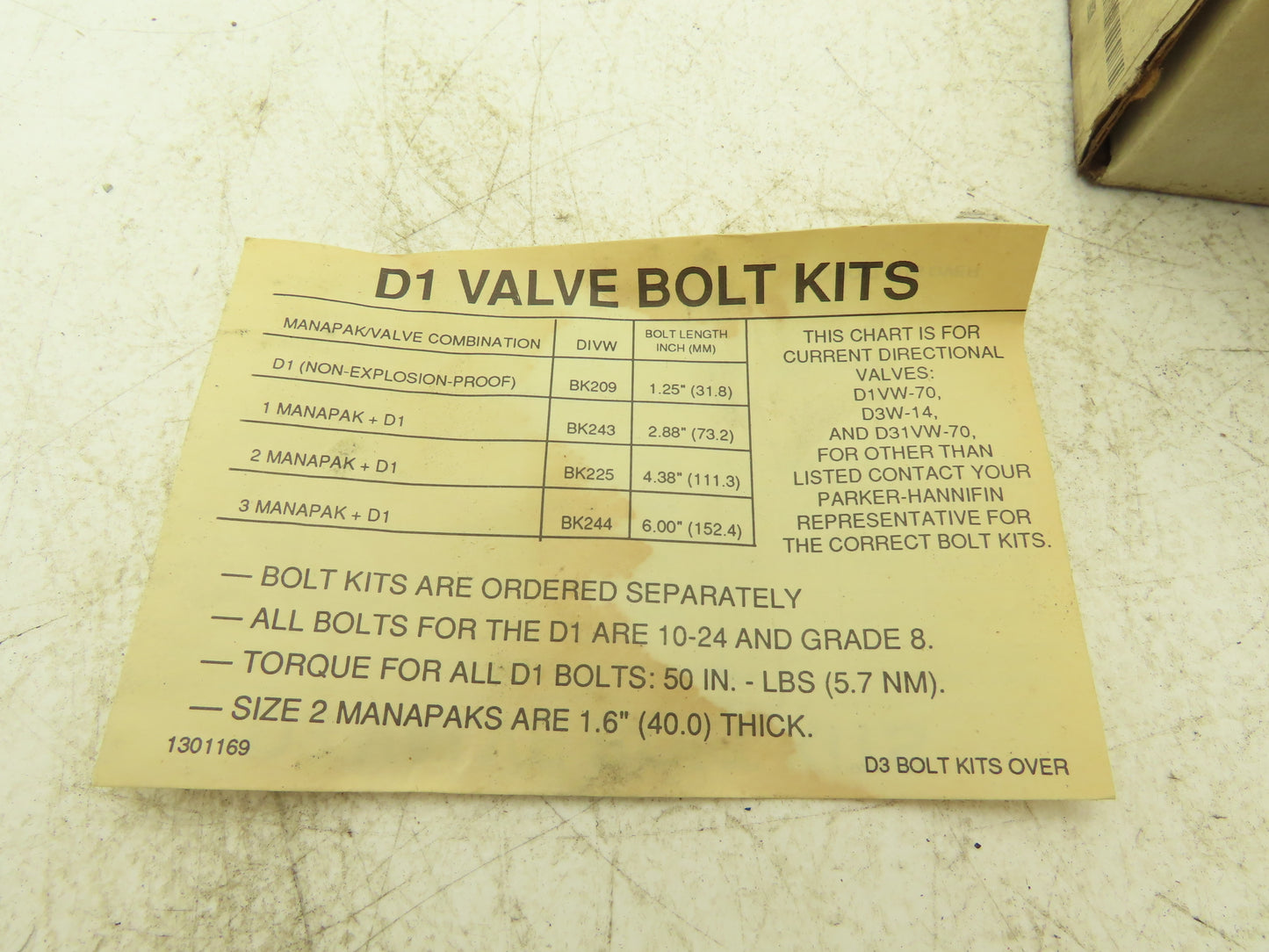 Parker D1VW20BNYCF5-75 Hydraulic Solenoid Valve 2-Position 120VAC .5A 5000 psi