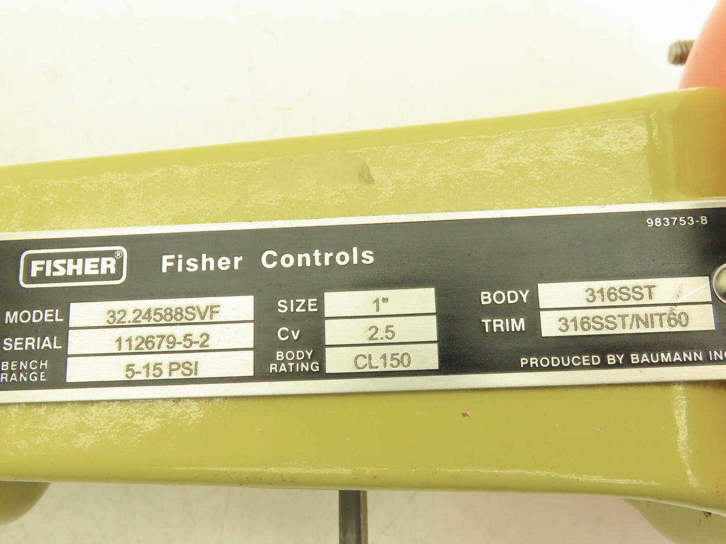 Fisher Baumann 32.24588SVF Pneumatic Diaphragm Actuator 1" Globe Valve 316SS