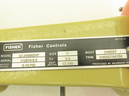 Fisher Baumann 32.24588SVF Pneumatic Diaphragm Actuator 1" Globe Valve 316SS