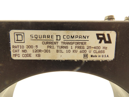 Square D 120R-301 Current Transformer 300:5 Ratio 25-400Hz BIL 10Kv 600V 5.75"ID