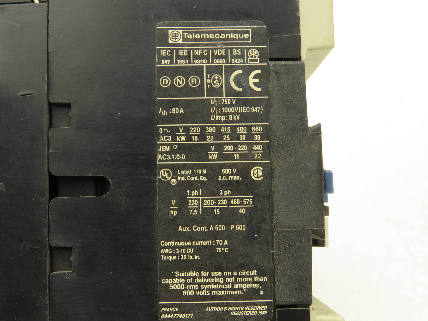Telemecanique LP1 D5011 Motor Starter Contactor 40Hp 600V 70A 24V Coil Lot of 4
