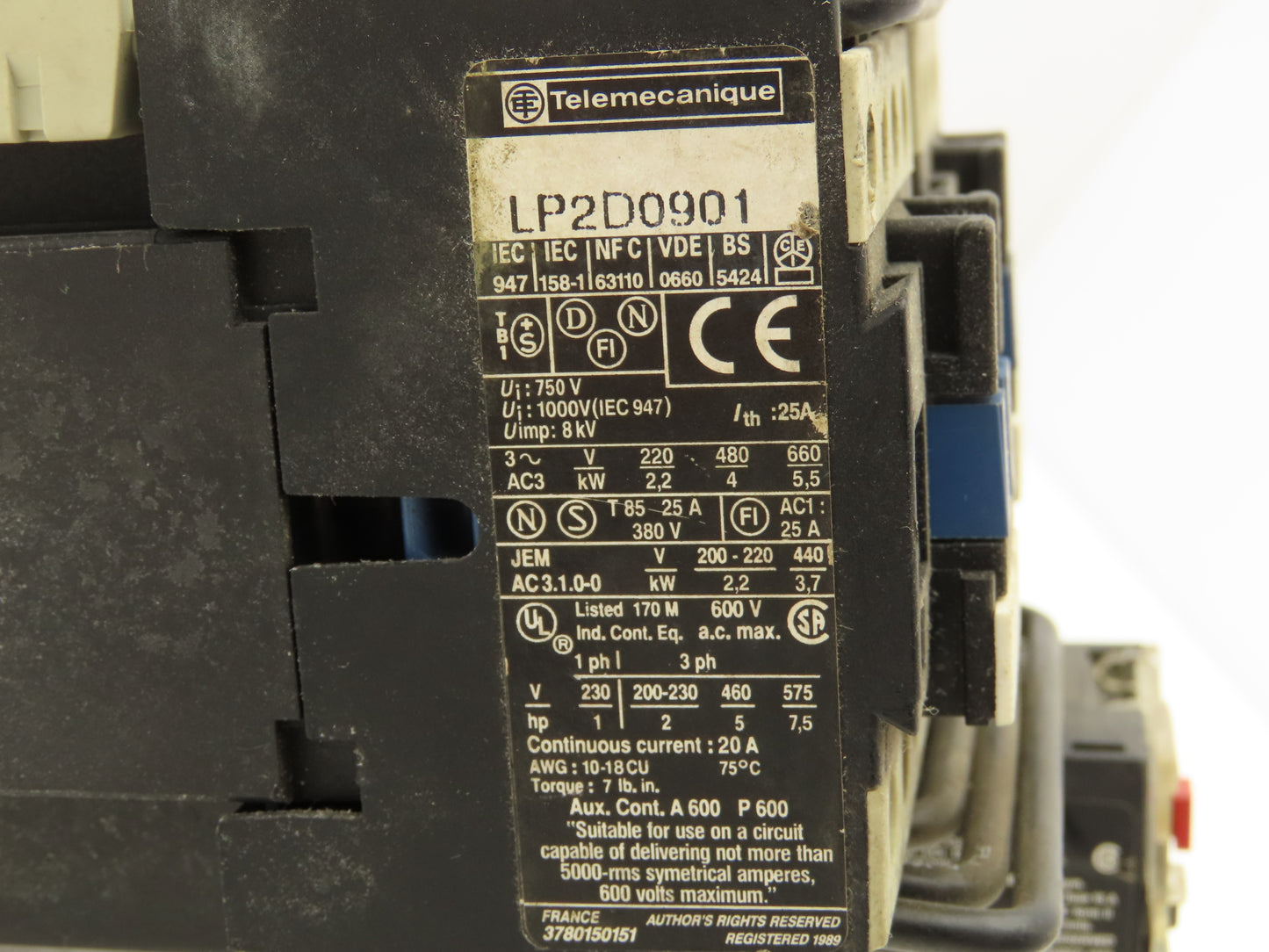 Telemecanique LP2D0901 Reversing Contactor With Overload 3 Ph 7.5Hp 20A 600V