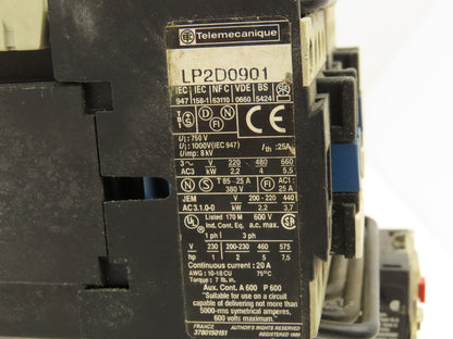 Telemecanique LP2D0901 Reversing Contactor With Overload 3 Ph 7.5Hp 20A 600V