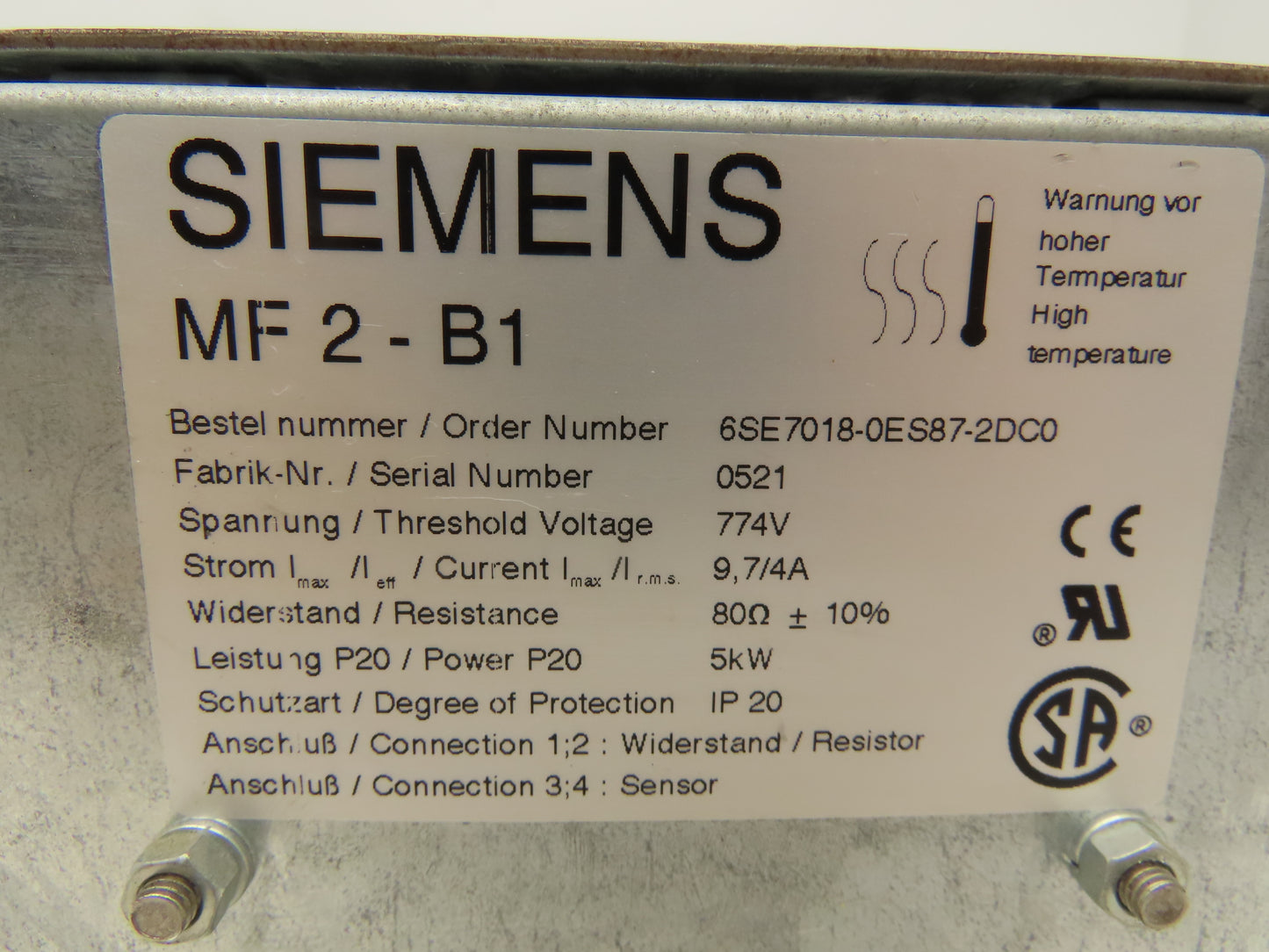 Siemens 6SE7018-0ES87-2DC0 MF 2-B1 Sinamics/Simovert Braking Resistor 80 Ohm
