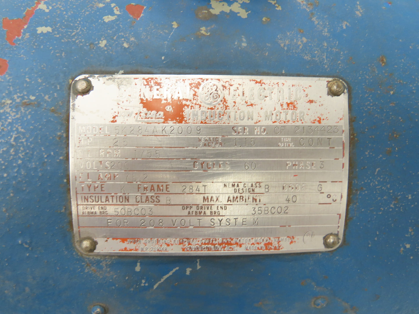 General Electric 5K284AK2009 GE Tri-Clad Electric Motor 25HP 3Ph 200/208V 284T