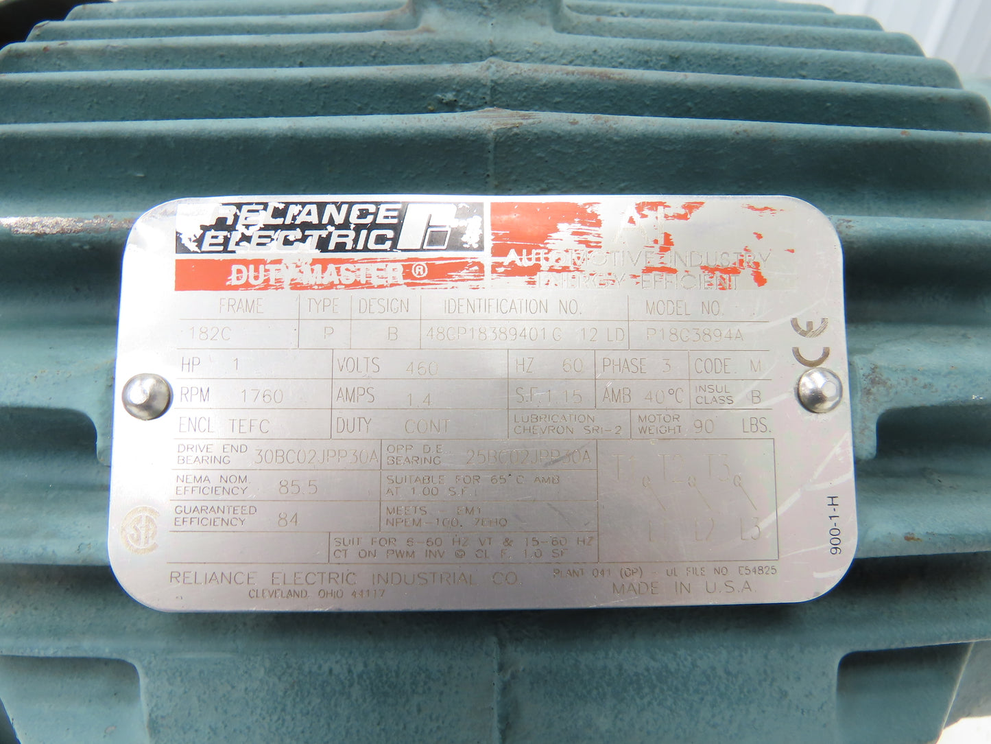 Reliance Electric P18G3894A AI Automotive AC Motor 1Hp 1750 RPM 460V 3PH 182C