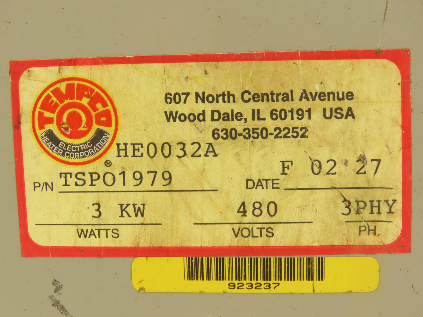 Indeeco TSP01979 HE0032A Immersion Heater 3000W 480V 3PH 2"NPT Screw Plug 11"L