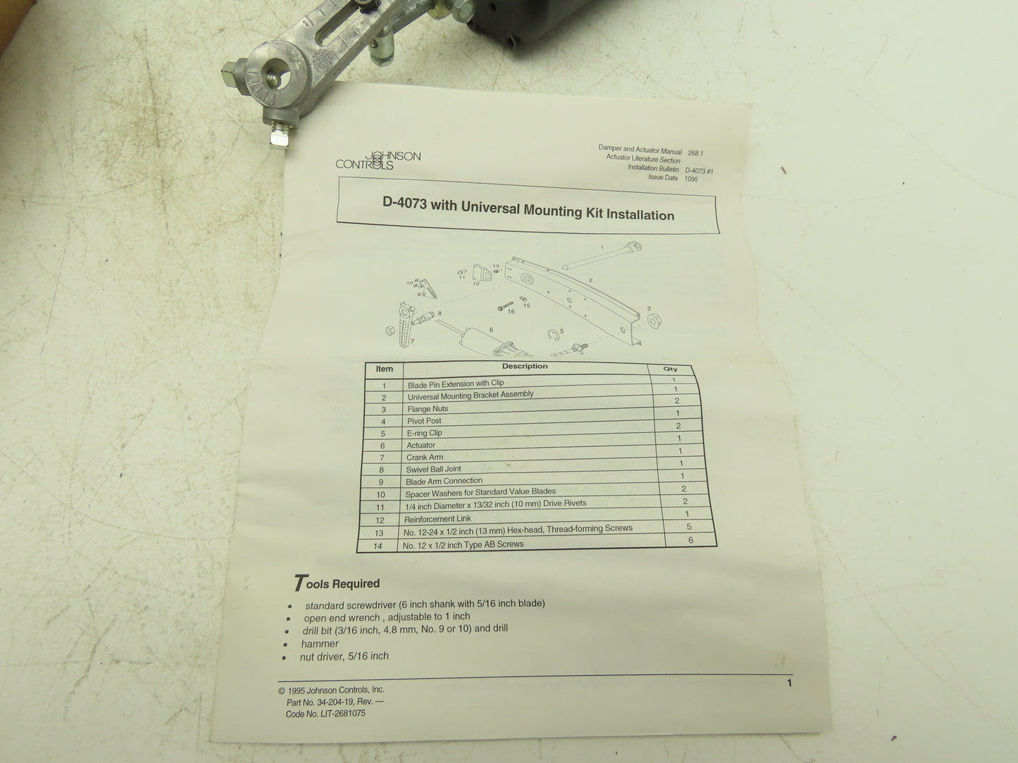 Johnson Controls D-4073-3 Damper Actuator 5-10PSIG Spring Universal Mount