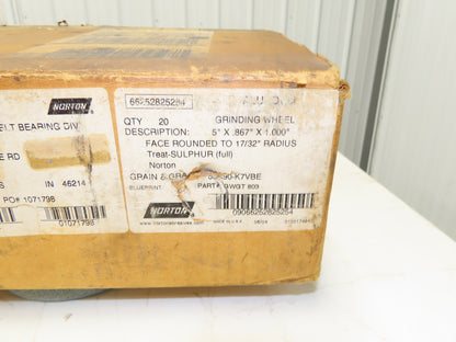 Norton 53A90-K7VBE Rounded Grinding Wheel 5" Dia x 7/8"W x 1" Arbor  Lot of 20