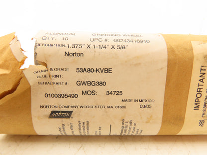 Norton 53A80-KVBE Grinding Wheel 80 Grit 1-3/8"W x 1-1/4"OD x 5/8"ID  Lot of 50