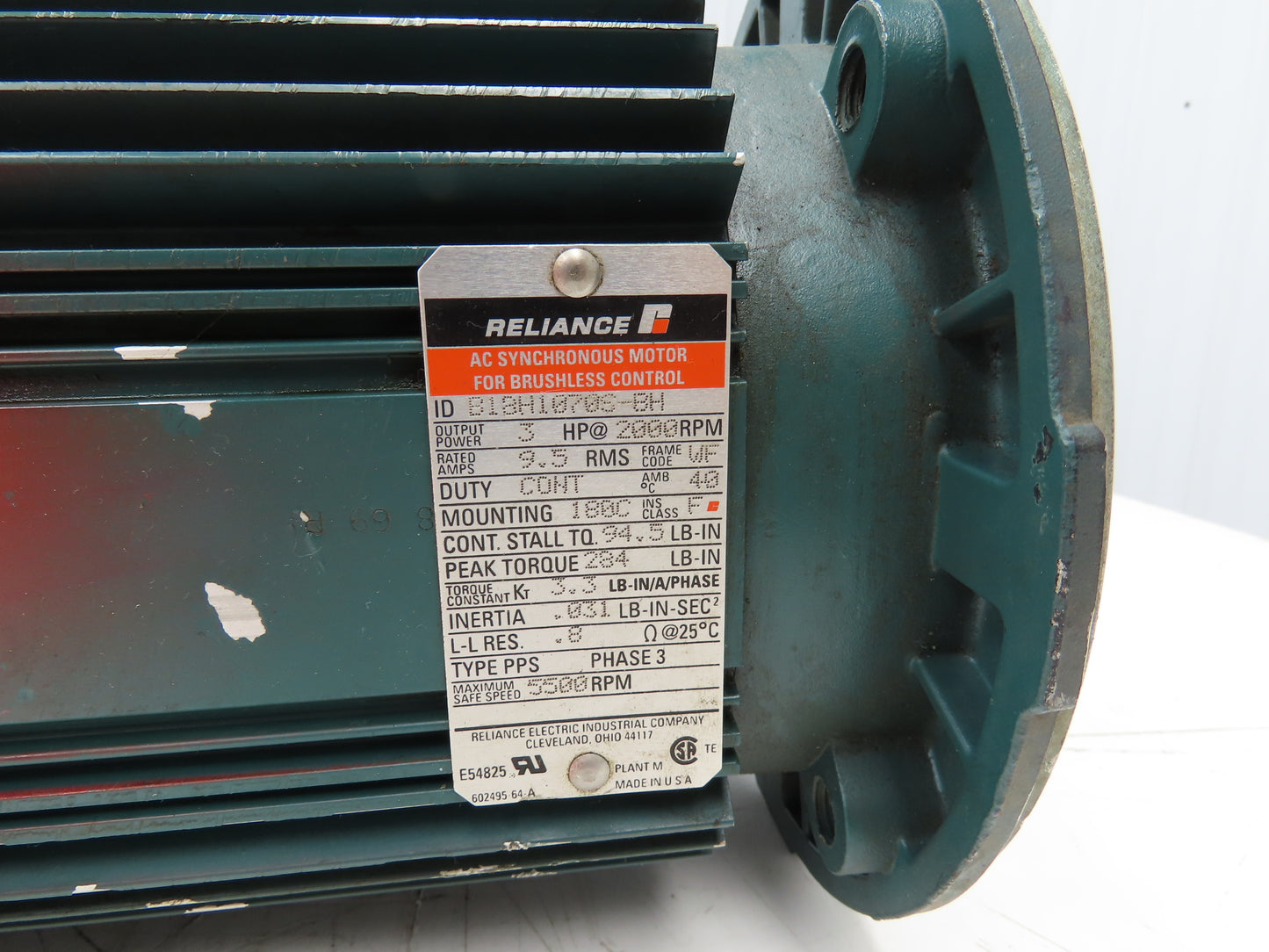 Reliance B18H1070S-BH AC Servo Motor Brushless Control 3Hp 2000 RPM 180C Frame