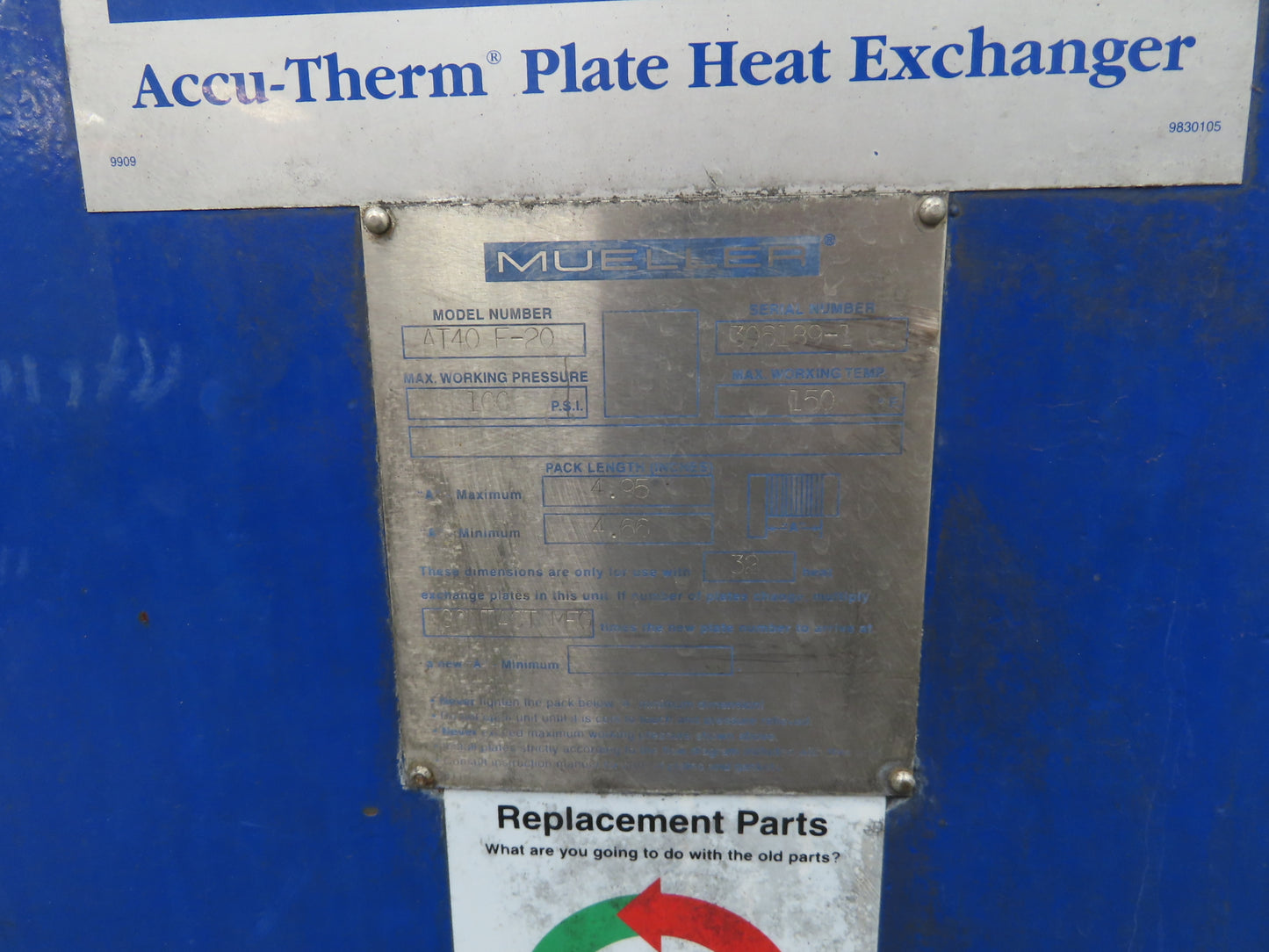 Mueller AT40 F20 Accu-Therm Plate Heat Exchanger 100PSI 150°F 4" NPT 150# Flange