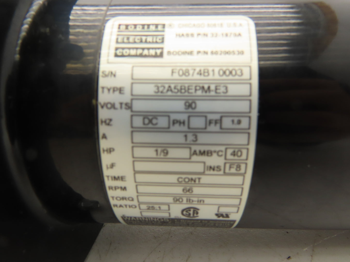 Bodine 32A5BEPM-E3 DC Gearmotor 1/9Hp 90VDC 25:1 Ratio 66 RPM Inline Parallel