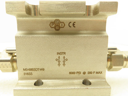 PGI M3-685SDT-W9 2 Valve Block Manifold Assy Straight Style 6000PSI Max 316SS