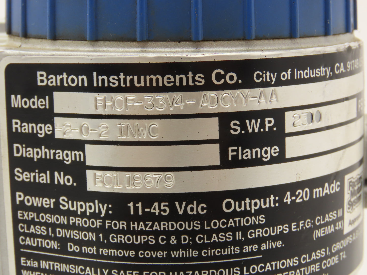 Barton Instruments FHCF-33V4-ADCYY-AA Pressure Transmitter -2-0-2 IN WC 11-45VDC