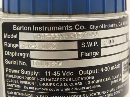 Barton Instruments FHCF-33V4-ADCYY-AA Pressure Transmitter -2-0-2 IN WC 11-45VDC