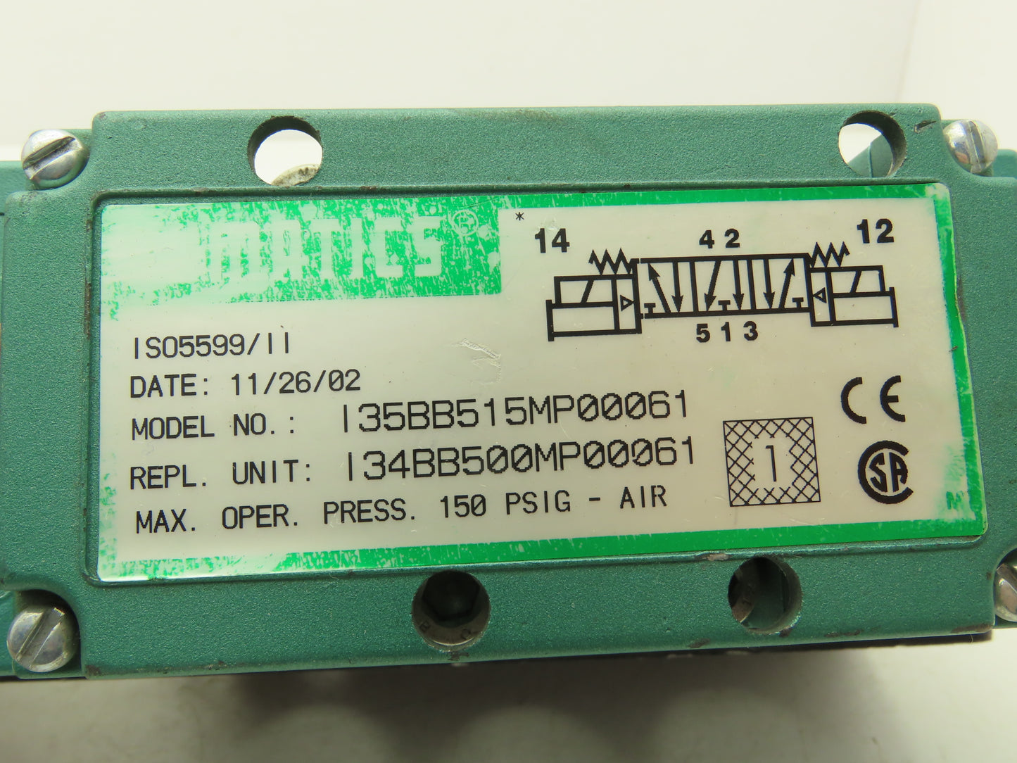Numatics 135BB515MP00061 Solenoid Pilot Valve W/Manifold 150PSIG 24VDC
