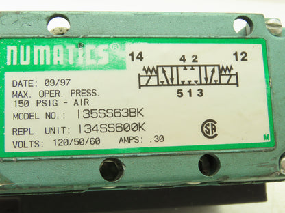 Numatics 135SS63BK Solenoid Pilot Valve W/Manifold 150PSIG 120VAC 50/60Hz