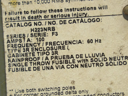Square D H223NRB Safety Disconnect Switch 100 Amp 240 VAC 250VDC 2 Pole NEMA 3R