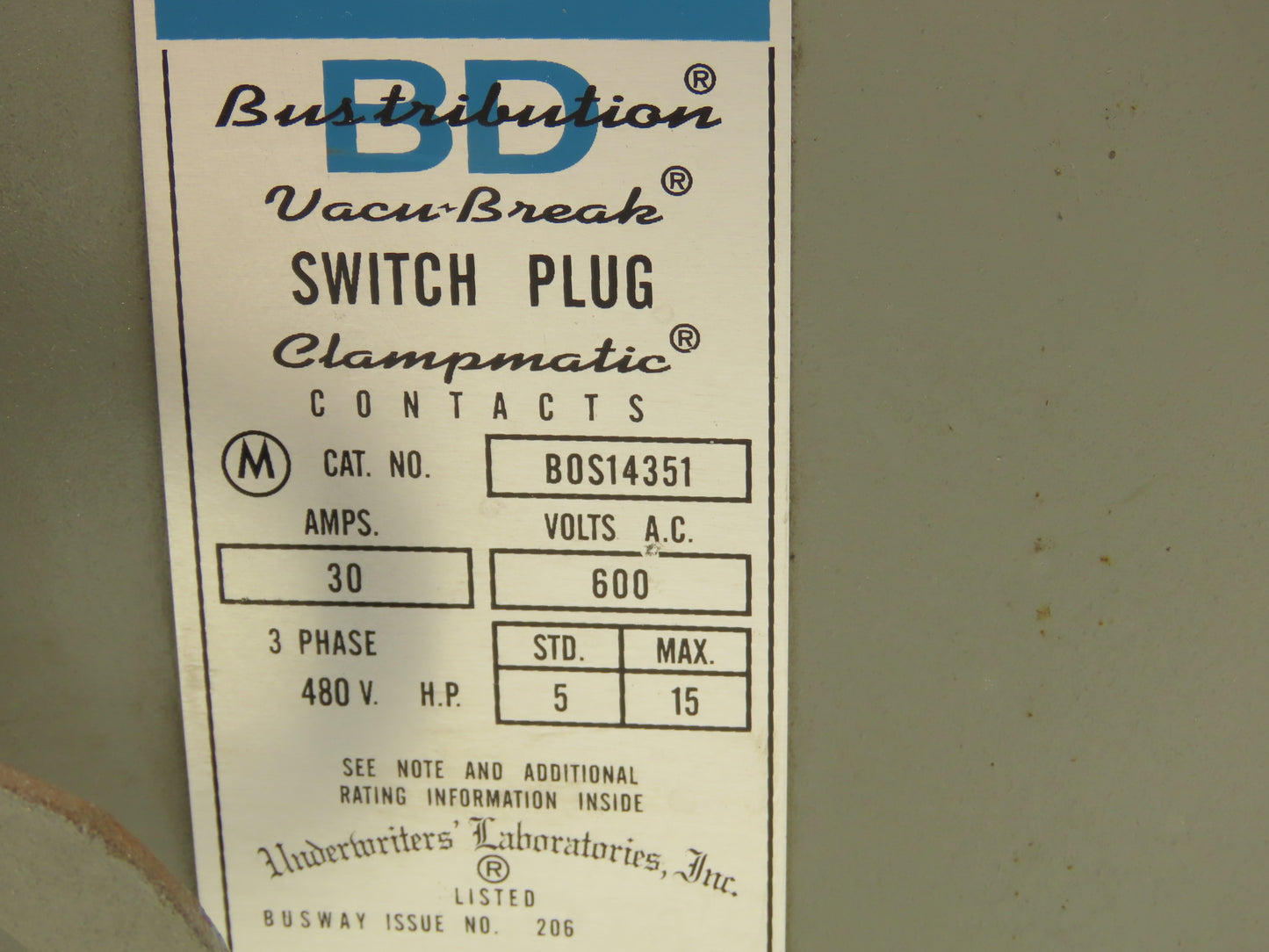 ITE BOS14351 BD Busway Fusible Disconnect Switch Plug 3-Pole 3W 30A 480V 3Ph