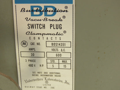 ITE BOS14351 BD Busway Fusible Disconnect Switch Plug 3-Pole 3W 30A 480V 3Ph