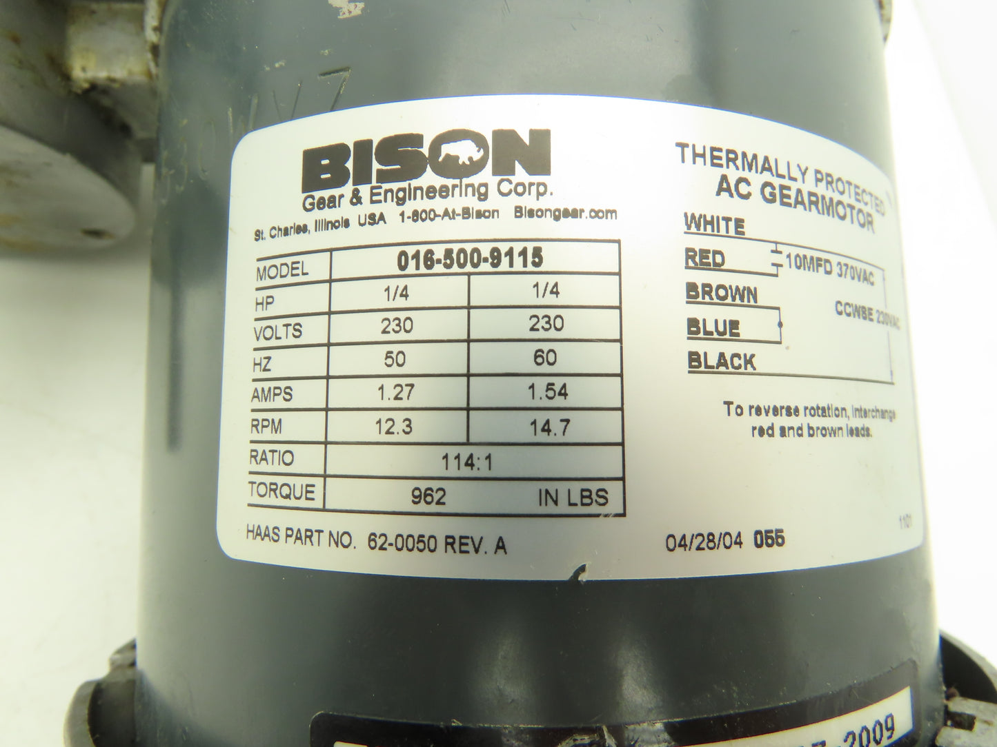 Bison Haas 016-500-9115 Offset Parallel Gearmotor 1/4Hp 230VAC 114:1 Ratio 14rpm