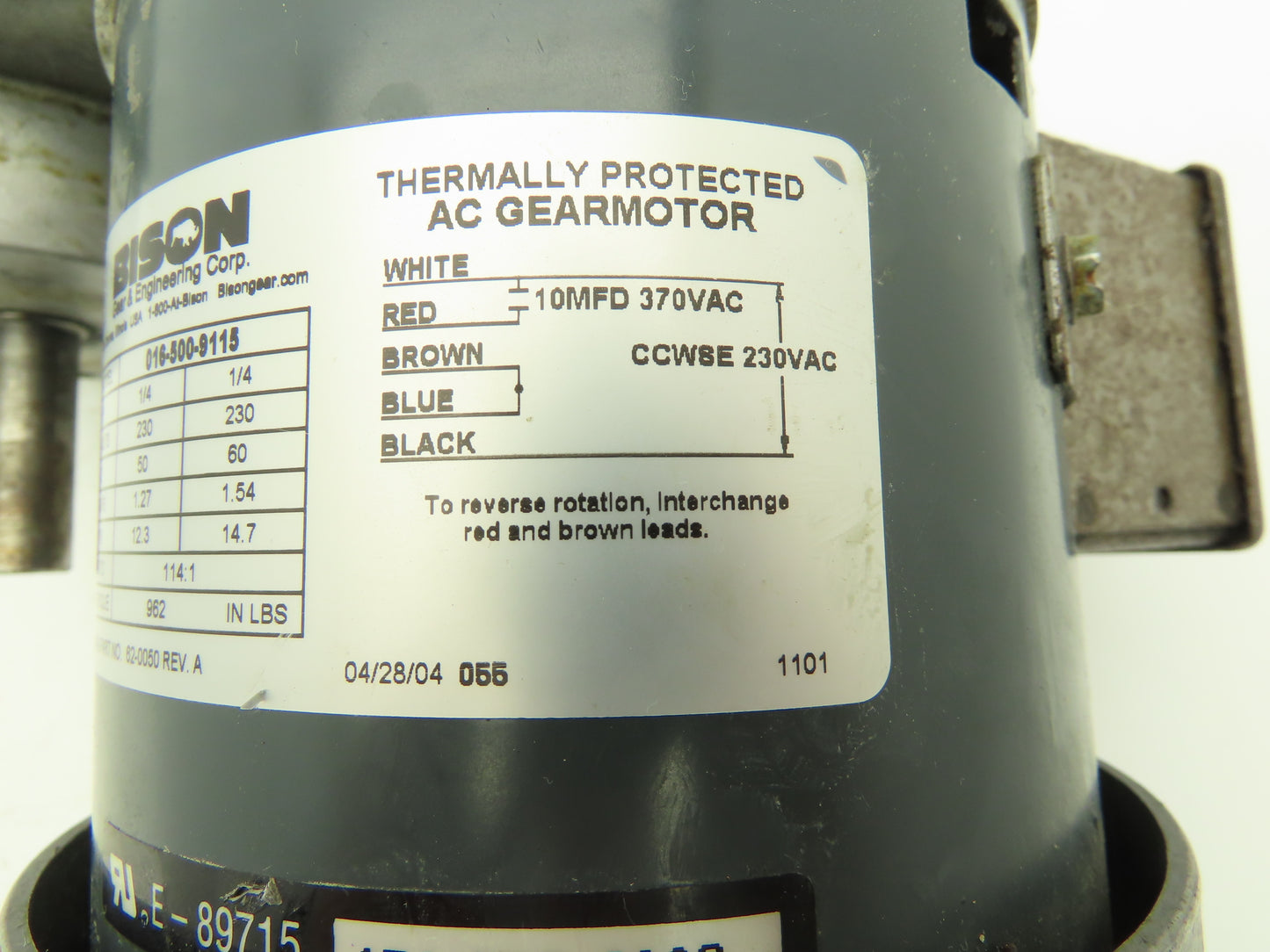 Bison Haas 016-500-9115 Offset Parallel Gearmotor 1/4Hp 230VAC 114:1 Ratio 14rpm