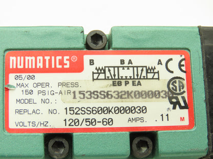 Numatics 153SS632K000030 Pneumatic Solenoid Valve 120VAC 50/60Hz Max 150 PSIG