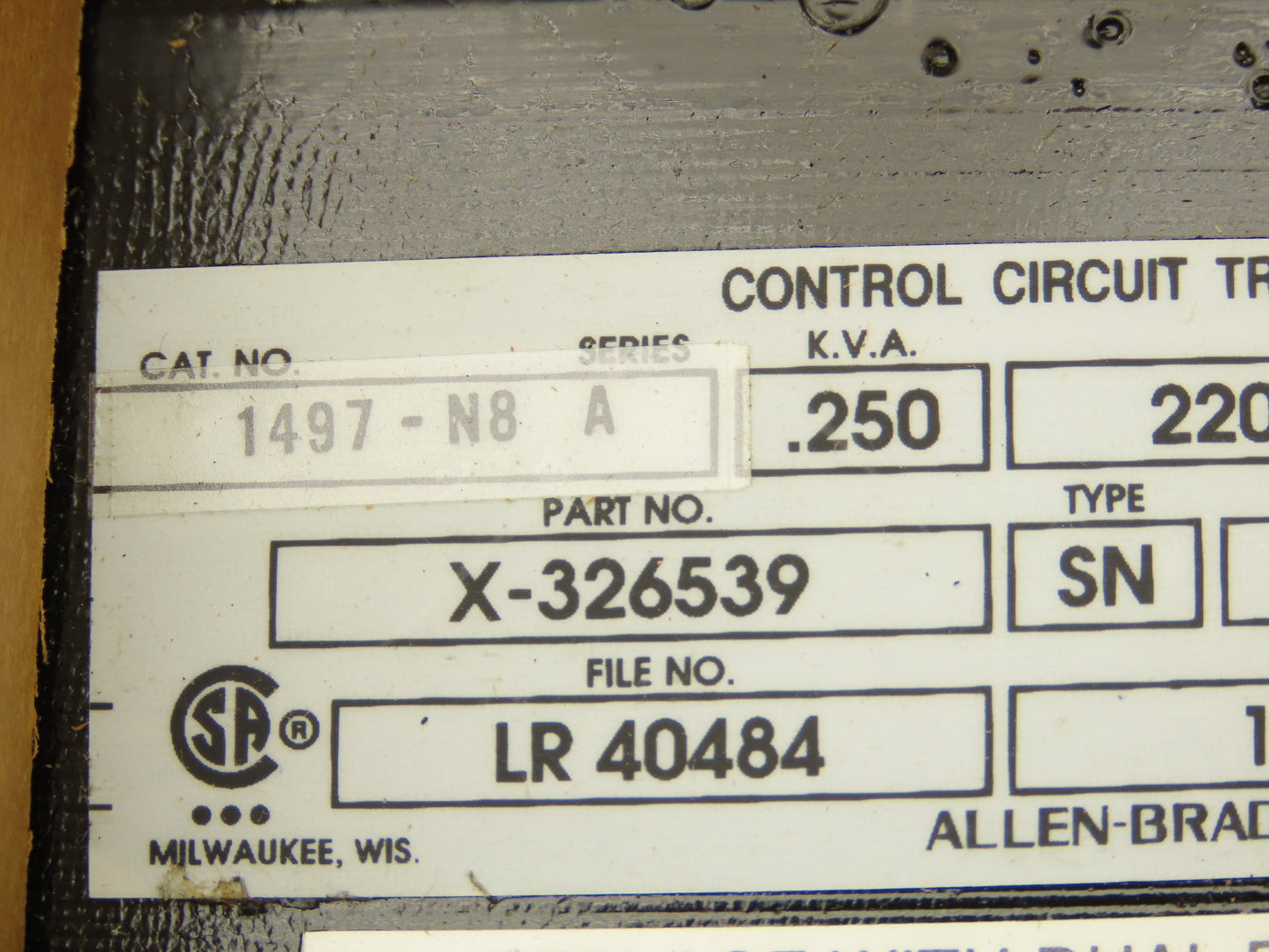 Allen Bradley 1497-N8 Control Transformer Ser A Pri 240/480V Sec 120V 0.250 KVA