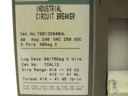 General Electric TEB132040WL Circuit Breaker With Disconnect 240VAC 40A 3 Pole