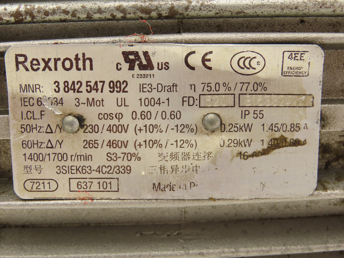 Rexroth 3842527866 Gearmotor Speed Reducer 141rpm 0.29kW 12:1 Ratio 230/460V 3Ph