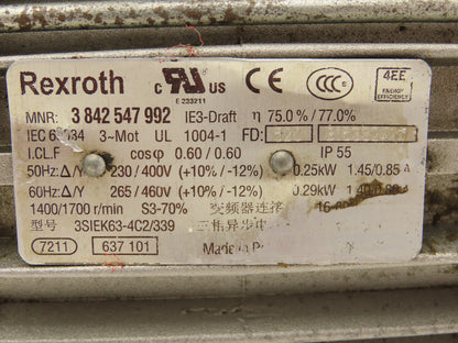 Rexroth 3842527866 Gearmotor Speed Reducer 141rpm 0.29kW 12:1 Ratio 230/460V 3Ph