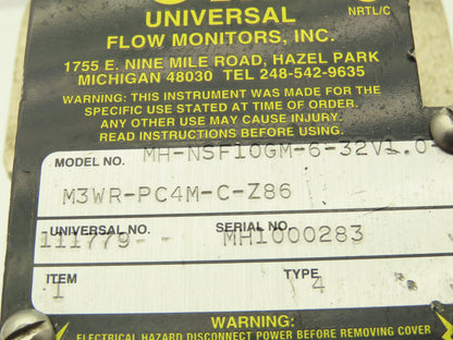 UFM MH-NSF10GM-6-32V1.0M3WR-PC4M-C-Z86 Flow Meter 3/4" NPT 0-10 GPM Stainless