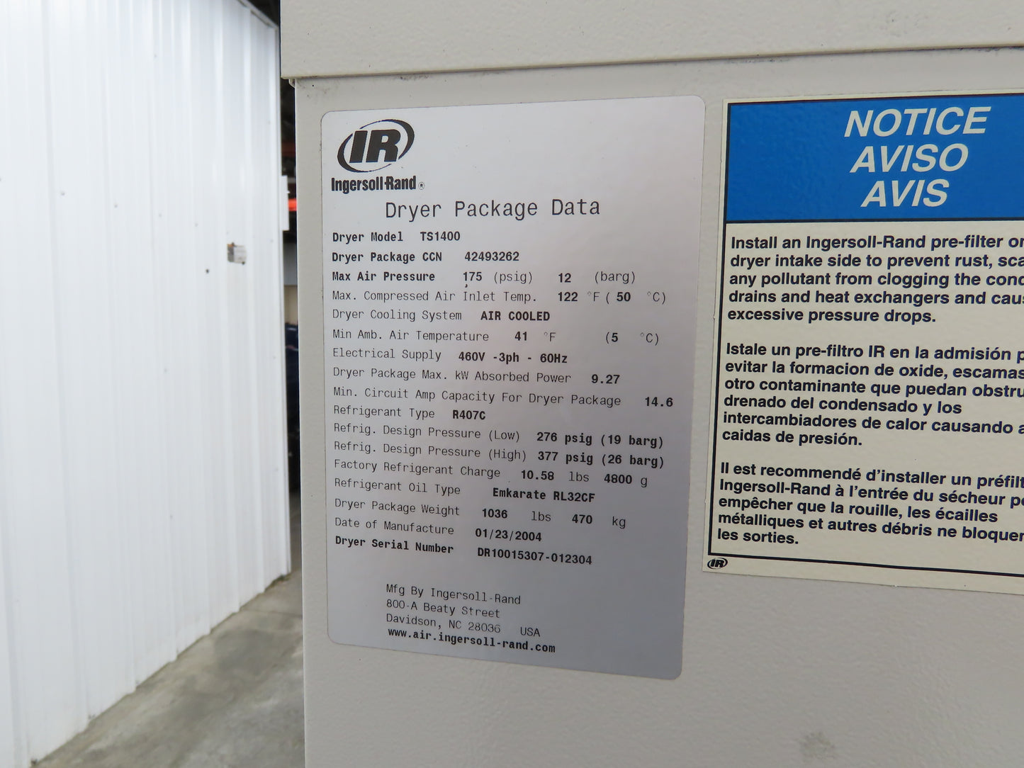 Ingersoll Rand TS1400 Thermo Star Air Compressor Refrigerant Air Dryer 460V 3Ph